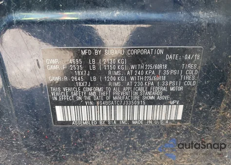 2018 Subaru Outback 2.5I Touring из США, поврежденный, VIN 4S4BSATC7J3350915